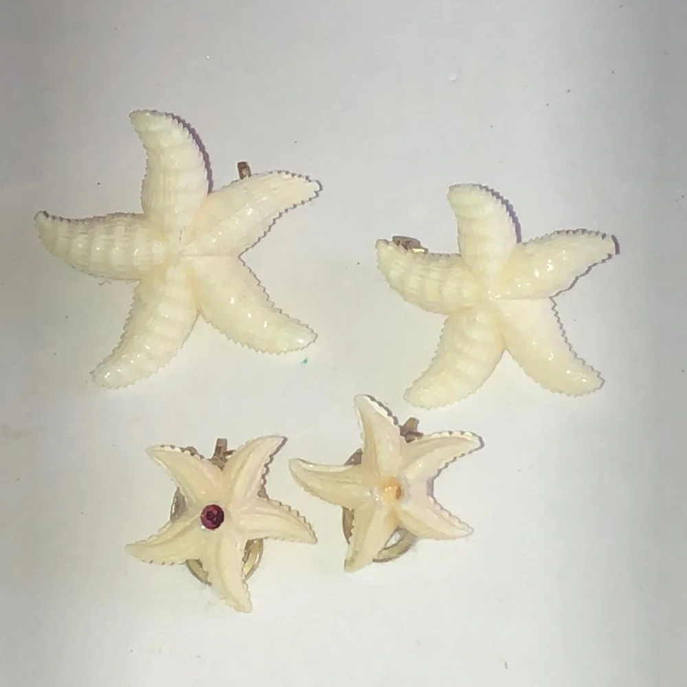 Vintage Carved Cream Starfish Earrings and Pins Set